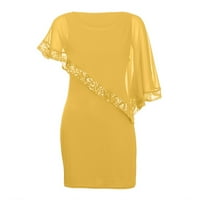 Női Molett méretű hideg váll Overlay aszimmetrikus Chiffon Vállnélküli flitterek ruha, Sárga, XL
