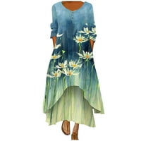 Alkalmi ruha nőknek-Divat gombok virágos nyomtatott laza hosszú ujjú O-nyakú alkalmi Maxi ruha Sötétkék XL