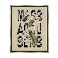 Stupell Industries Massachusetts State Mayflower Blossoms összefonódik a tipográfia grafikus művészete csillogó szürke