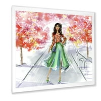 Gyönyörű nő, divatos ruhát visel a parkban keretes festmény vászon művészeti nyomtatás
