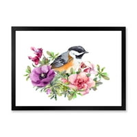 Designart 'aranyos madár lila és rózsaszín virágok' hagyományos keretes Art Print