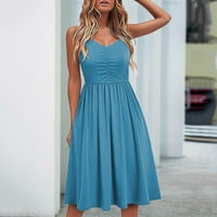 Nyári ruhák Női ujjatlan A-Line Térdig érő Szexi V-nyakú Szilárd nyaralás ruha Kék M