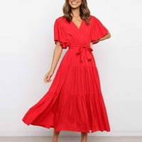 Nyári ruhák nőknek Rövid ujjú középhosszú Szabadidő Szilárd A-vonalú V-nyakú ruha Piros XL