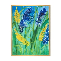 Designart 'Sárga és kék vadvirágok és fű gouache' hagyományos keretes vászon fali művészet