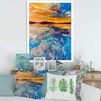 Designart 'Whirly kék hullámok narancssárga naplemente alatt' Tengeri és tengerparti keretes művészet