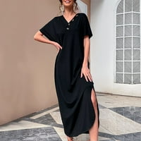 Női ruhák egyszínű laza Fit gombok Trim V nyak alkalmi kényelmes osztott Swing Nyári Beach Party Flowy Maxi ruha Fekete