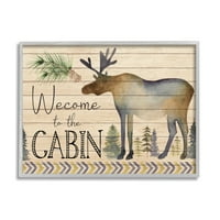 Csapell Üdvözöljük a kabin jávorszarvas -sziluett állatok és rovarok festmény szürke keretes művészet nyomtatott fali