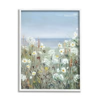 Stupell Industries Spring Daisy Virág virágzik a tengerparti óceánra néző festmény fehér keretes művészet nyomtatott